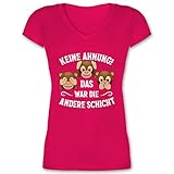 Sprüche Statement mit Spruch - Keine Ahnung das war die andere Schicht Affen weiß - L - Fuchsia - Shirt AFFE Damen - XO1525 - Damen T-Shirt mit V