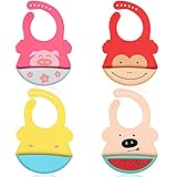 ABirdon 4 Stück Baby Lätzchen Silikon mit Auffangschale, BPA-Frei, Leicht zu Reinigen, Wasserdicht, Abwaschbar, Nettes Flügel-Design, 6 Einstellbare Pegel, Sanft Lätzchen Silikon für Junge, M