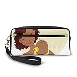 Pencil Case Pen Bag Pouch Stationary,African Mom Holding Her Newborn Baby On Big Dotted Heart Background,Small Makeup Bag C