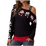 VEMOW Heißer Elegante Damen Frauen Frohe Weihnachten Weihnachtsmann Print Skew Kragen Casual Daily Party Freizeit Sweatshirt Bluse(Schwarz, EU-38/CN-XL)