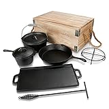 EINFEBEN 7-teiliges Dutch Oven Set in Holzkiste, Dutch Oven(4.5qt),Grillplatte, Stieltopf, Bratpafanne, Untersetzer, Deckelheber, bereits eingebrannt, Garten Camping BBQ,Gusseisen Kochtop