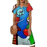 QAZW Damen Sommerkleid Elegant V-Ausschnitt Freizeitkleid Leinenoptik Leinenkleid Knielang Lang Blumenmuster Blusenkleid 1/2 Langarm Retro Casual Lose Tunika Tuch Kleid Boho Kleid, Blau-XXL