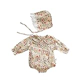 Yoxiya Newborns 2Pcs Herbst Outfits Lange Ärmel Button Down Blumendruck Strampler Hut Freizeitkleidung Für Mädchen (Khaki, 6-9 Months)