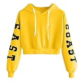 Bauchfreie Hoodies Teenager Mädchen Bauchfreier Pullover Damen Kapuzenpullover Rund-Ausschnitt Briefdruck mit Kapuzen Sweatshirt mit Kapuze Langarm Pulli Casual Langarmshirt Oberteile S