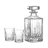 Amisglass Whiskey Karaffe mit 2 Gläsern, Whiskey Set, 3-teilig, Whisky Dekanter 700ml und Whisky Gläser 300ml 2 Stück, Kristallgläser & Longdrinkg