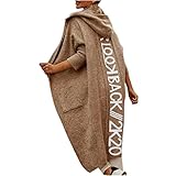 yiouyisheng Strickjacke Damen Lang Casual Langarm Mantel Brief Gedruckt Mittellange Strickjacke Strickpullover Herbst/Winter Langer Letter Print Cardigan Kapuzenjacke Mantel mit Kapuze C