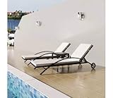 Wakects Doppelliege Sonnenliegen mit Tisch Falten Pool Polyrattan Liegestuhl Relaxliege Gartenliege Strandliege mit Auflage und Rollen Schw
