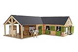 Kids Globe 610211 Pferdehof aus Holz-Maßstab 1:24, naturfarben, mit 3 Boxen, beweglichen Türen, Fenster und Tore, Mehrfarbig