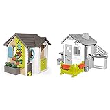 Smoby 810405 - Gartenhaus - Spielhaus für drinnen und draußen, mit Kleiner Eingangstür und Fenstern & 810904 – Gartenzaun mit Blumenkästen – Zubehör für Kinder-Spielhaus, auch freistehend im G