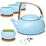 ZENS Teekanne Porzellan Set,Teeservice Japanische mit Siebeinsatz für Losen Tee, 800ml Matt Keramik Chinesisch Teekanne mit 4 Tasse 130ml mit Bugholz Griff & Rattan-Untersetzer,Hell B