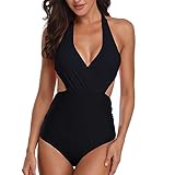 Misolin Damen Badeanzug Neckholder V-Ausschnitt Rückenfrei Einteiliger Bademode Bauchweg Cutouts Strandbikini, Schwarz, L (EU 40-42)