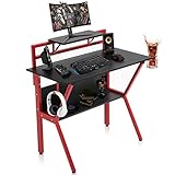 YAMASORO Gaming Tisch Groß Gaming Schreibtisch mit Monitorständer Computertisch mit Getränkehalter und Kopfhöreranschluss K-förmiges Stahlgestell PC Tisch Gaming Desk