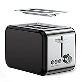 ZKIAH Toaster Edelstahl 2 Scheiben mit 6 Bräunungsstufen 850W, Retro Sandwichtoaster Breite Schlitze mit Staubschutzhaube aus Edelstahl, Krümelschublade, Klein Toaster (Schwarz)