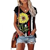 T-Shirt Damen, Damen Tunika Damen Bluse Kurzarm Oberteile Tshirt V-Ausschnitte Sommershirts Mode Lose Damenblusen Shirt Waffel Strick Elegante Hemdbluse T-Shirt Damen T Shirt Bunte Blumen M