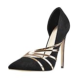 MissHeel Damen Schwarze Pumps Verloursleder Stilettos Abendschuhe mit Asymmetrischen Metallriemen Schwarz EU 42