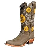 KLGR Embroidered Westernstiefel Damen Langschaft Stiefel Blockabsatz Stiefeletten Sonnenblume Drucken Cowboystiefel Spitzschuh Schlupfstiefel Ankle Boots Für F