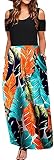 Kancystore Damen Kurzarm Floral Maxikleider Cold Shoulder Kleid mit T