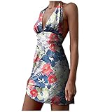 TYTUOO Modisches Damen-Sommerkleid, sexy V-Ausschnitt, ärmellos, rückenfrei, schmale Kleider, leger, bedruckter Riemen, Mini-Sommerkleid, Strand, A-multicolor, L