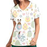 2022 Ostern Deko Kasack Damen Pflege Bunt Arbeitskleidung Hasedruck Bluse Kurzarm V-Ausschnitt T-Shirt Schlupfkasack Schlupfhemd Krankenpfleger Uniformen mit T