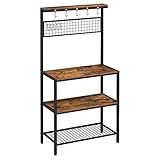VASAGLE Standregal für die Küche, Küchenregal im Industrie-Design, Regalebenen in Holzoptik, 10 Haken, Gitterablage aus Metall, für Mikrowelle, Geschirr, 84 x 40 x 170 cm, Vintage, dunkelbraun KKS17BX