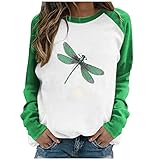 Masrin Mask Frauen Pullover Damen Casual Dragonfly Print Sweatshirt O-Ausschnitt Raglan Langarm Color Block Patchwork Tops Bluse(XL,Grün)