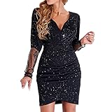 Xmiral Damen Kleid V-Ausschnitt Bodycon Halbarm Spitze Patchwork Minikleid Pailletten Party Sexy Schwarzes Kleid (Schwarz, S)