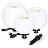 Kugelleuchte Miau, Kugellampe 3er Set, Außenleuchten aus weißem Kunststoff Ø 30, 40 und 50 cm, Leuchtkugeln mit E27-Fassung, Kugellampen mit 5 Meter Zuleitung