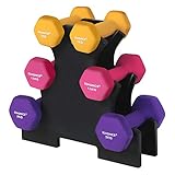 SONGMICS Kurzhantel Set, Hexagon, mit Hantelständer, 2 x 1 kg, 2 x 1,5 kg, 2 x 2 kg, Mattes Finish, Neopren-Beschichtung, Krafttraining, zu Hause, gelb, rosa und lila SYL609B02