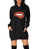 Auxo Damen Langarm Kapuzenpullover Drucken Hoodies Tunika Pullover Sweatshirt Minikleid Lange Tops 04-Lippen Schwarz 2 M