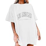 Damen T-Shirt Sommer Kurzarm Grafikdruck Shirt Tunika Oversized Mode Lose Rundhals Buchstaben Longshirt Frauen Vintage Bluse Oberteile Lang Tops für Teenager M