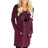 Damen Langarm Tunika Tops für Leggings Casual V Ausschnitt Heat Printed Mini T Shirt Kleid mit Taschen, B Wein, 48