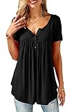 Bequemer Laden Damen T-Shirt Sommer Top Knopfleiste Bluse Einfarbig Kurzarm T-Shirt Casual Bluse Tunika Tops - M , Schw