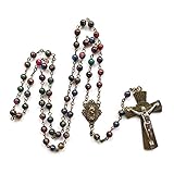 Bunte Steinperlen Rosenkranz Kreuz Kette Herren Damen, Kette mit Jesus Christus Kruzifix Kreuz Anhänger Halskette Anhäng