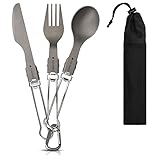 Navaris Titan Camping Besteck 3tlg. - Outdoor Messer Gabel Löffel inkl. Tasche - Ultraleichte 3in1 Essbesteck Kombi - Reisebesteck Set faltb