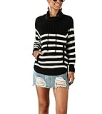 BiilyLi Pullover Damen Winter Langarm Gestreift Strickoberteil Rollkragenpullover Warm Casual Farbblock Sweater Strickpullover Oberteil Tops Pulli Schwarz 1-XL