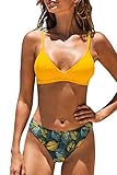 CUPSHE Damen Bikini Set Triangel Lace Up Bikini Bademode Blättermuster Low Rise Brazilian Zweiteiliger Badeanzug Swimsuit Gelb XL