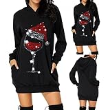 JISHII Damen Weihnachten Drucken Lässiges Kleider Weihnachtskleid Christmas RundhalsKleider Lange Ärmel Hoodies Sweatshirts Kleid Mit Taschen Kapuzenpullover Cocktail Ballk
