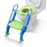 NAIZY Toilettensitz Kinder mit Treppe Faltbar Töpfchentrainer Höhenverstellbar WC Trainer mit PU Gepolstert Kissen und Griffen Töpfchen für Kinder von 1-7 Jahren Kleinkinder - Blau und Grü