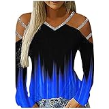 MRULIC Damen Pullover Schulterfrei T-Shirt Langarm V-Ausschnitt Druck AushöHlen Tops Bluse LäSsige Shirts Elegant Top Hemd Langarmshirts FrüHling Herbst Winter Blusen Sweatshirt(Dunkelblau,S)