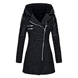 Writtian Winter Wollmantel Damen Warme Kapuzenjacke Wintermantel Outdoor Leder Patchwork Mantel Parka Einfarbig Schlank Casual Mittlere Länger Zipper Überzieher Winterjack