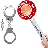 DDS Polizei Handschellen & Polizeikelle Kinder Set - Polizeiset Metall Handschellen und Kelle als Spielset | Karneval Polizei Ausrüstung für Kinder | Spielzeug Polizeikelle mit Licht & H