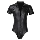 CHICTRY Herren Body Kompression Metallic Leder-Look Männerbody Overall Unterwäsche Muskelshirt Unterhemd S M L XL XXL (XXX-Large, Kurzarm Herrenbody Schwarz)