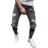 Jeans Mit Löcher Herren Zerrissen Slim Fit Jeanshose Männer Risse Ripped Destroyed Lang Denim Hose Vintage F
