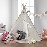 Haus Projekt Tipi Zelt Set Kinder mit Zubehör, Lichterkette, Wimpelkette, Aufbewahrungstasche & Bodenmatte – Kinderzimmer Spielzelt 100% Baumwoll, Teepee für drinnen / draußen (160cm hoch) (Weiß/Rosa)