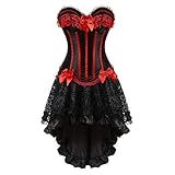 Kelvry Damen Vollbrust Corsagenkleid Korsett Karneval Asymmetrischer Lange Steampunk Rock