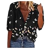 Damen Casual V-Ausschnitt Spleißen Streifen Knöpfe Langarm Blusen Freizeit Tops Longsleeve T-Shirt Shirts Tops Tunika Bluse Langarm Pullover Langarmshirt Bluse Freizeit Sweats C4 - Black XL