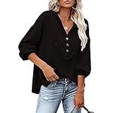 Keepwin Damen Pullover Hoodie V-Ausschnitt Kapuzenpullover Knopfleiste Ausschnitt Langarm Pullover Sweatshirts mit Taschen Oberteil(Schwarz,XXL)