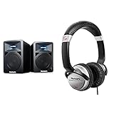 Numark N-Wave 360 - Zwei kompakte 60-Watt-Full-Range-Desktop-Monitore für DJs & HF125 - professioneller DJ Kopfhörer mit 2m Kabel und 40 mm Lautsprechern, Schw