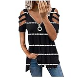 T-Shirt Damen Kurzarm Sommer Casual V Ausschnitt Basic T-Shirt Tops Teenager Mädchen Bluse Tops Elegant Schulterfrei Reißverschluss Tunika Oberteile Lose Leopard Sommerbluse Tunik