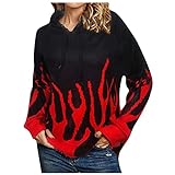 Calvinbi Damen Flammendruck Sweatshirt mit Kapuze Langarm V-Ausschnitt Freizeit Lose Pullover Bluse Top